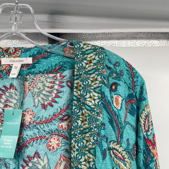 Maurices Floral Open Front Top Batwing Sleeve Turquoise/Multi Size S/M New - Picture 4 of 9